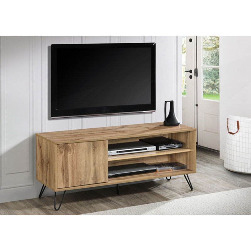 Meuble télé moderne, console multimédia pour téléviseur de 50 à 55 po avec 2 tablettes et armoire, Chêne