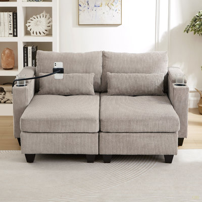 Convertible 63" Corduroy , Featuring Ports, Phone Holder, Storage, And Hidden Compartments Chaise Lounge With Corduroy, Side Pockets
