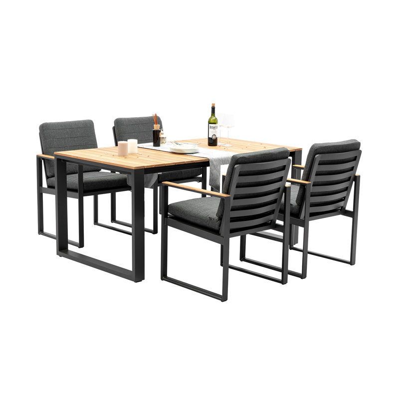4 - Person Patio Dining Set Rectangular Table with Cushions Included, Brown/Black, Gray