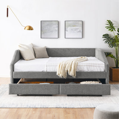 Grand lit de jour avec canapé-lit capitonné à deux tiroirs, tissu en lin, gris (88 po x 64,5 po x 34 po)