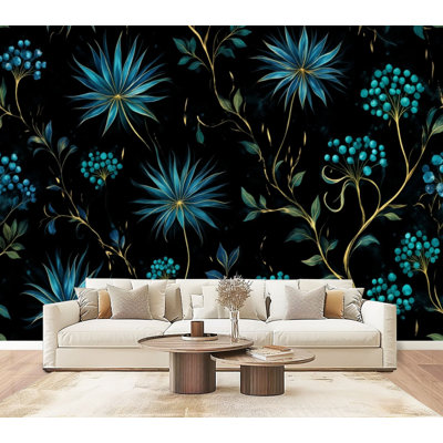 Papier peint adhésif à motif floral bleu et or foncé H 69 po x l 96 po, papier peint amovible en PVC auto-adhésif pour chambre à coucher, bureau à domicile
