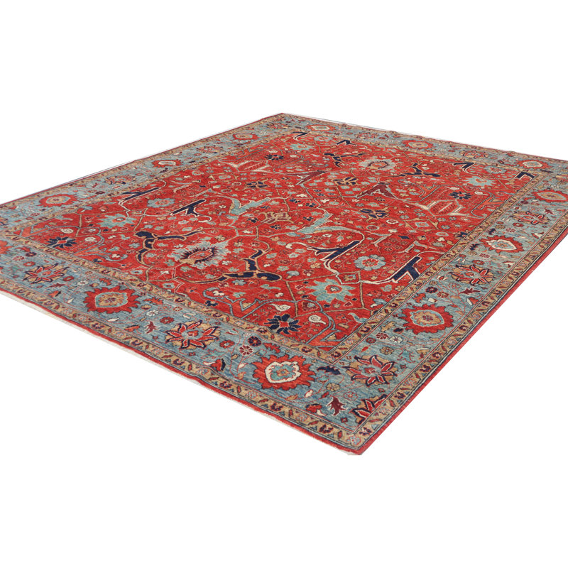 Hand Knotted Wool Area Rug in Red And Light Blue