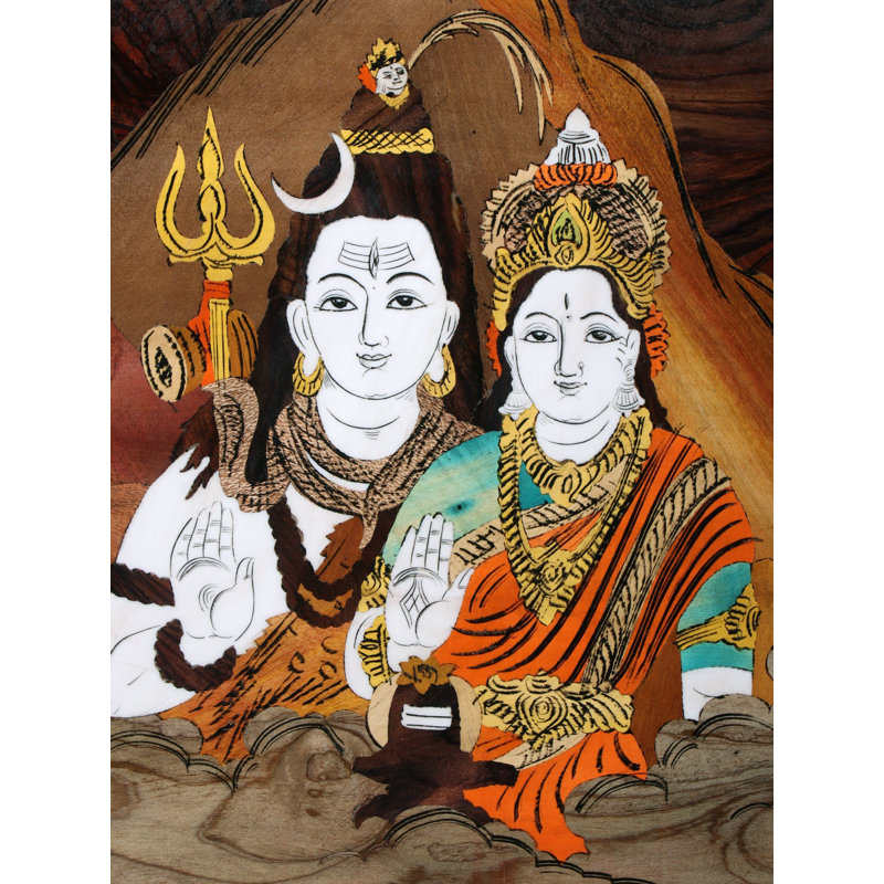 18 "Bénédiction de Shiva et Parvati sur Kailash, couleur naturelle sur panneau de bois incrusté - Art mural décoratif traditionnel indien spirituel traditionnel fabriqué à la main