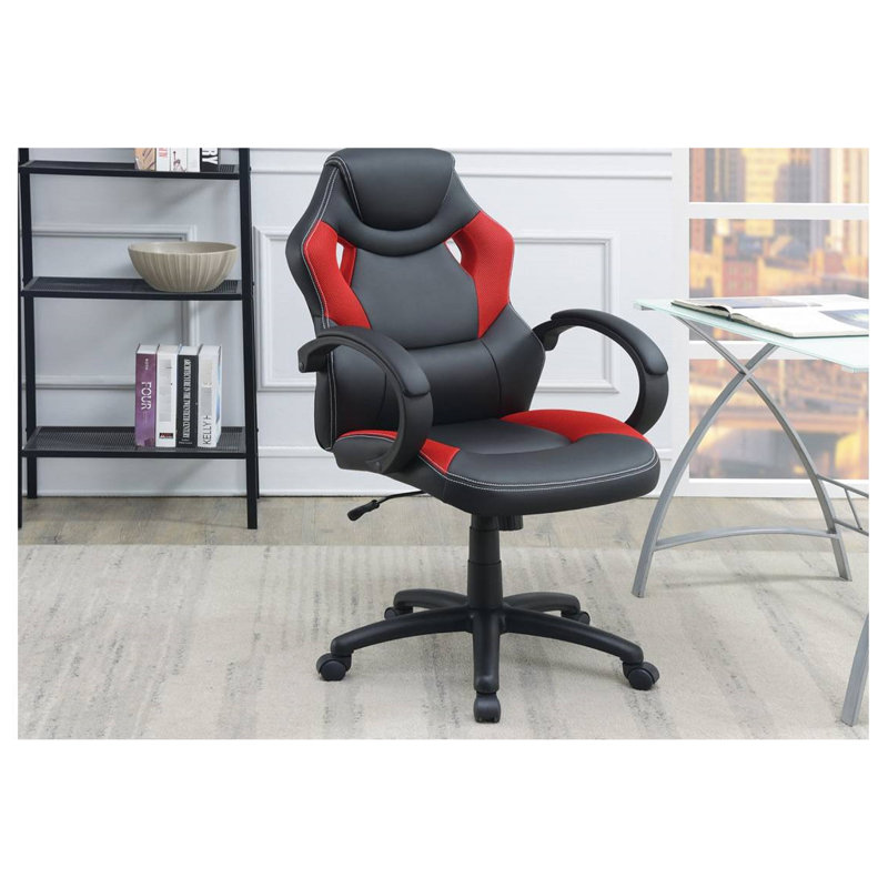 Chaise de bureau à hauteur réglable, coussins d'accoudoirs, dossier, noir et rouge pour un espace de travail efficace