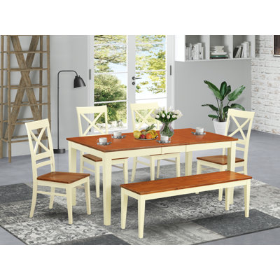 Ensemble de table de cuisine 6 pièces comprenant une table rectangulaire à rallonge papillon, 4 chaises et une banquette, de couleur babeurre et cerisier.