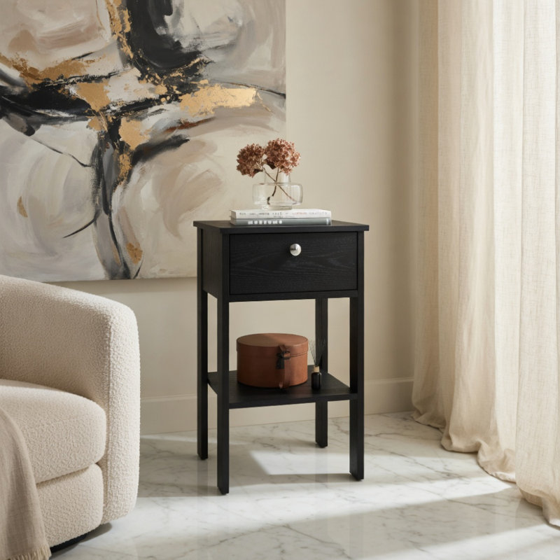 Table de chevet, 1 tiroir, 1 tablette, 4 pieds, wengé noir