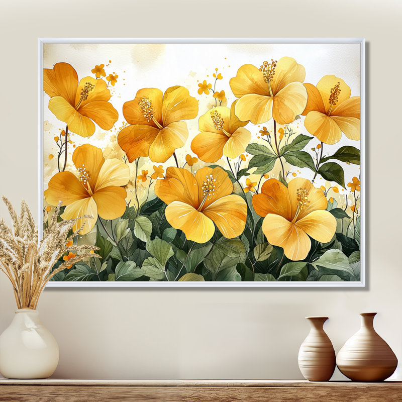 Été, lueur dorée d'hibiscus III - Hibiscus, art mural, H 34 po x l 44 po, Impression encadrée flottante, Blanc