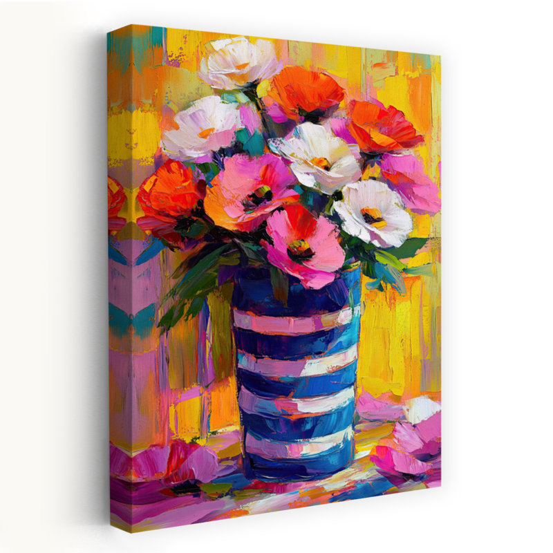 Vase rayé bleu coquelicots sur fond jaune, H 36 po x l 24 po