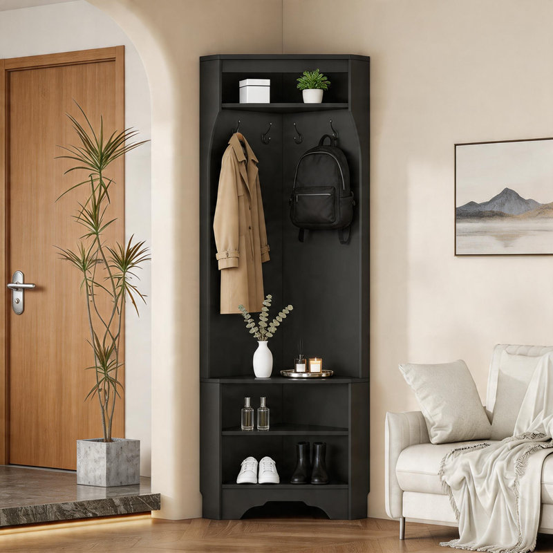 Multifunctional Black Corner Coat Rack Comes With Shoe Bench, 4 Hooks And Adjustable Shelves, Ideal For Hallways And Living Rooms.