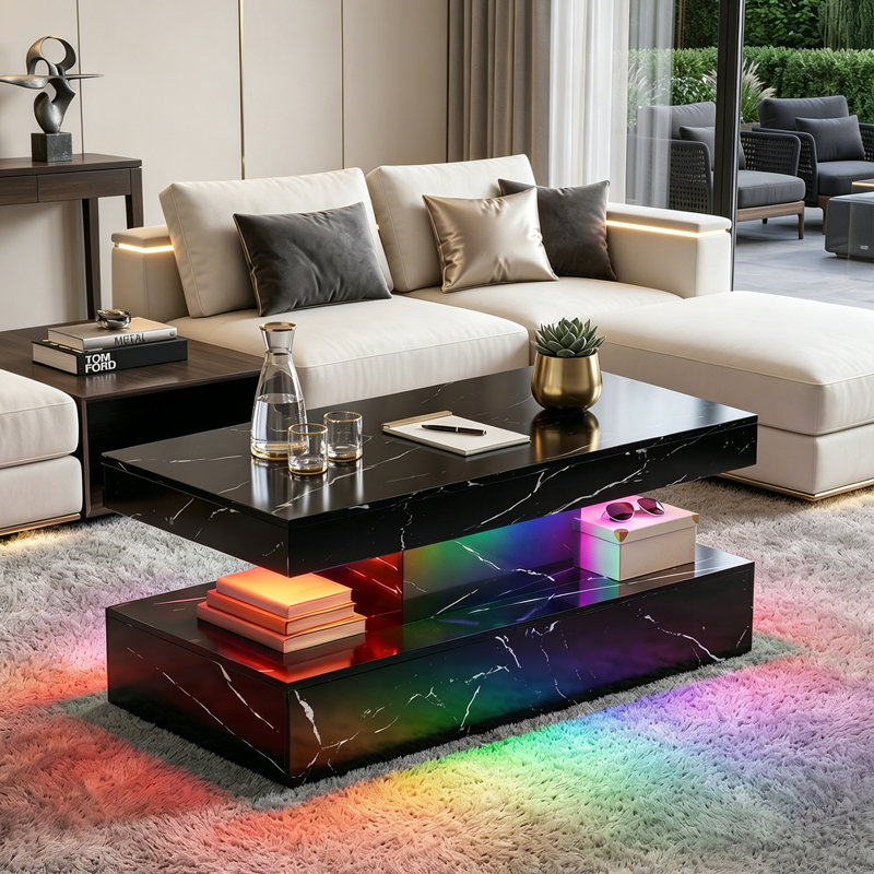 Table de salon à 2 niveaux avec lumières DEL et plateau en faux marbre