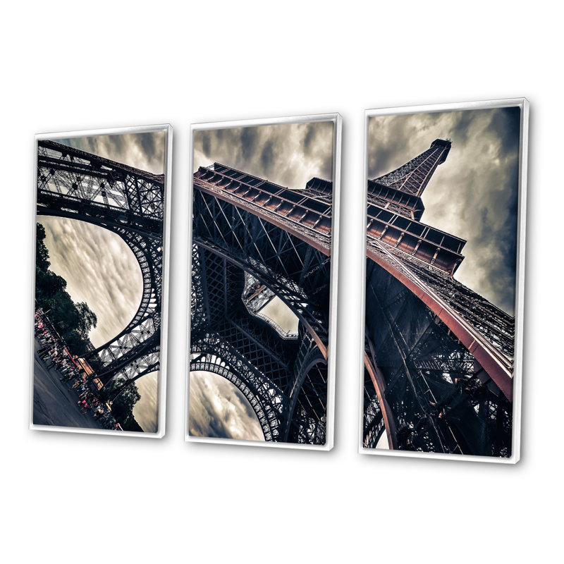 Paris Paris Eiffel Towerin Grungy Dramatic Style - Cityscape, ensemble d'art mural sur toile, encadré de 3, Cadre blanc