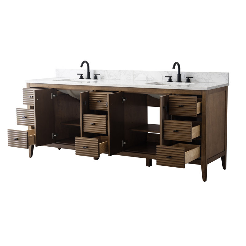 Ensemble de meuble-lavabo autoportant à double cuve 84 po avec plateau en marbre Lavallon, Noyer linéaire, Noir mat