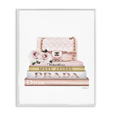 Sac à main rose, or, bibliothèque, mode glamour, aquarelle surdimensionnée, encadrée blanche, art texturé par Amanda Greenwood