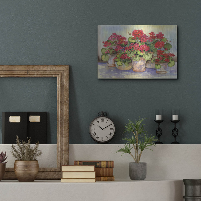«Spring Geraniums» par Kathleen Parr, art mural en métal, 16 po x 12 po