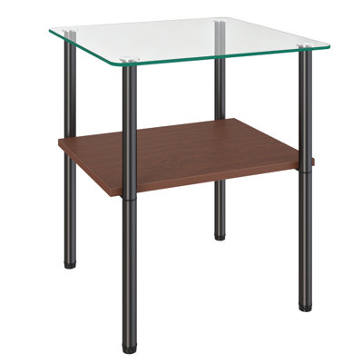 2‑Piece Modern Glass Side Table, Black Metal Legs, Tempered Glass Top with MDF Storage Shelf, Minimalist End Table for Living Room & Bedroom