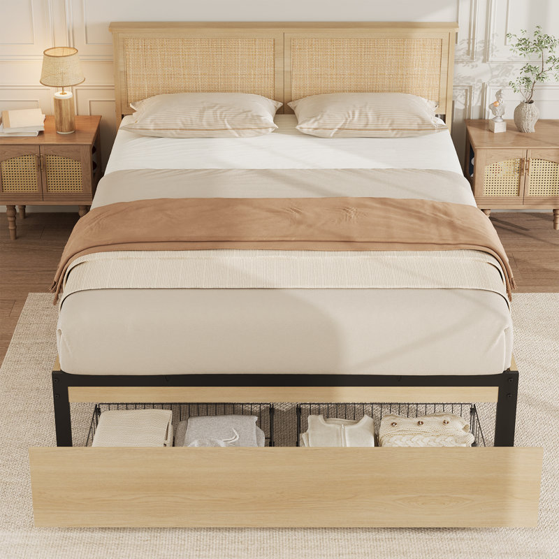 Structure de lit grand format en bois avec tête de lit en rotin naturel, 2 tiroirs de rangement, sans sommier, Grand lit