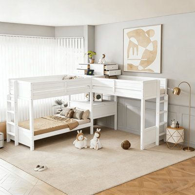 Twin L-Shaped Triple Bunk Bed With 4 Storage Drawers, Desk, And Power Outlets