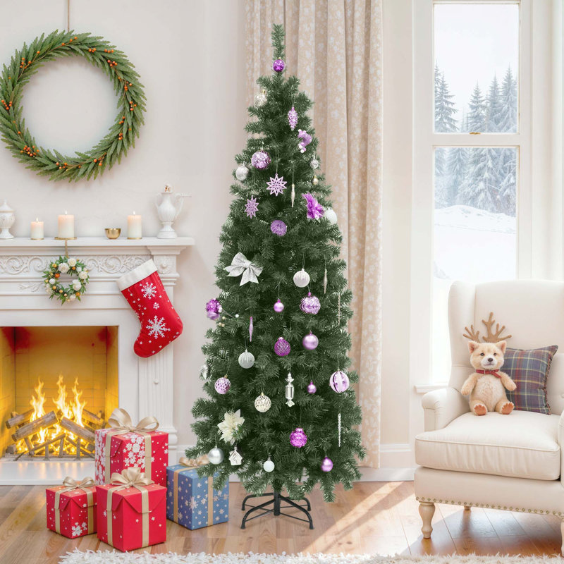 Arbre de Noël minimaliste minimaliste de 6 pi, arbre de Noël vert, arbre de Noël style crayon, arbre des Fêtes, arbre saisonnier avec lumières DEL chaudes pré-enfilées