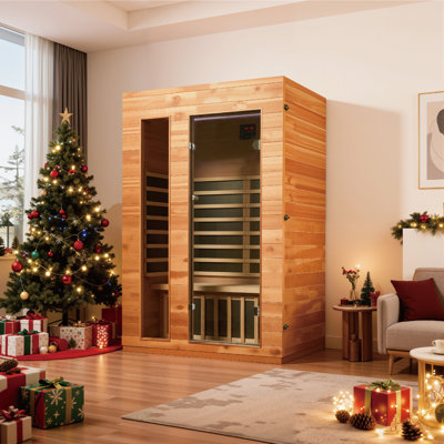 Hongyuan 2-Person Indoor Far Infrared Sauna with 5 Heaters, Tempered Glass Door, Okoume & Hemlock Wood, 1730W Home Spa Sauna Room