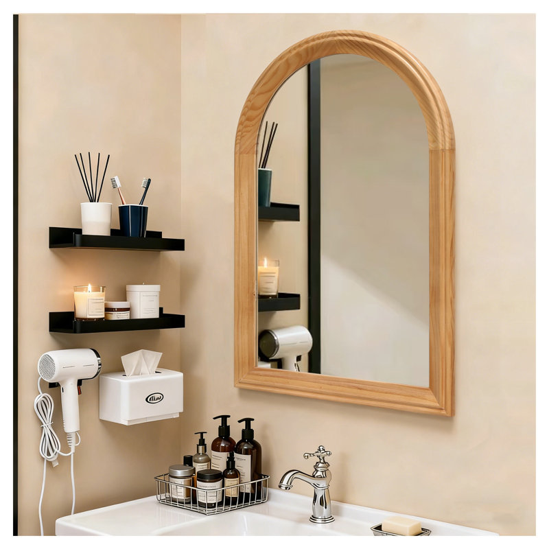 Miroir mural arqué avec cadre en bois avec finition chêne naturel - H 35,43 po x l 23,62 po