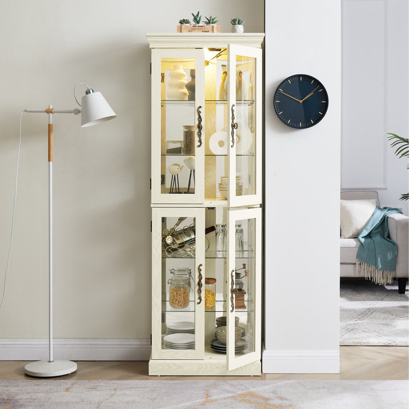 Illuminated Glass Cabinet With Customizable Options And Antique White Hue Lighted Curio Display Abundant Space,