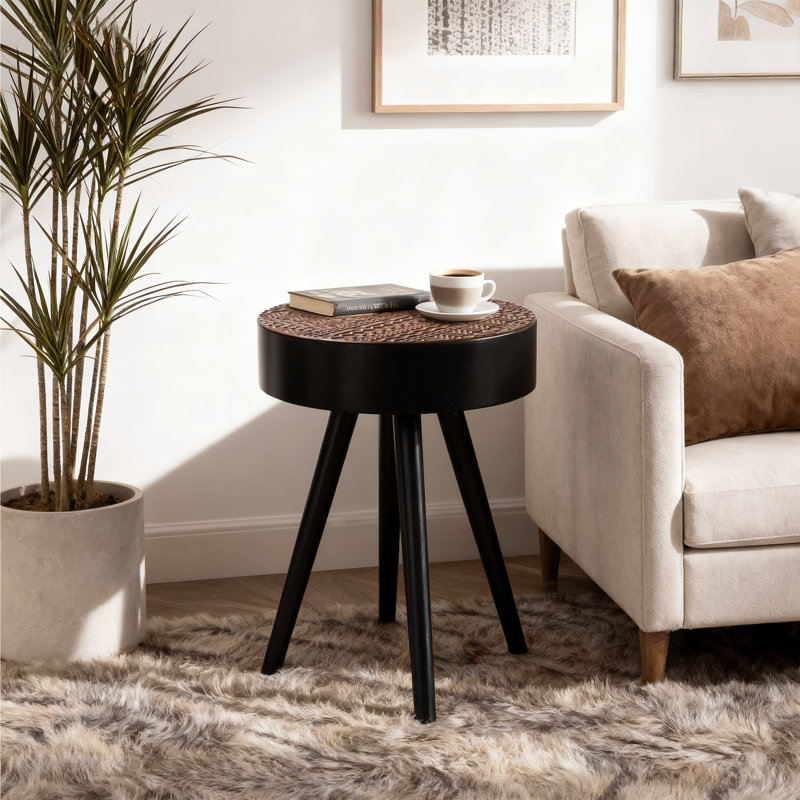 15.7-inch Round Coffee Table with Carved Top, Brown Top/Black Base