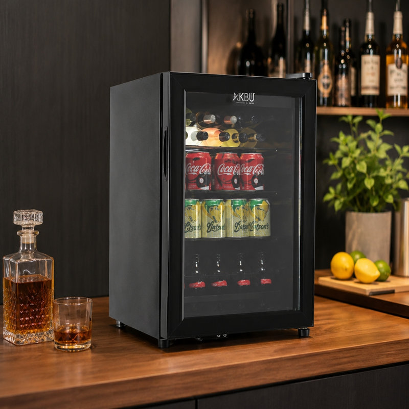 Rolipo Pi. Réfrigérateur de boissons autoportant avec porte en verre trempé double couche, tablette grillagée et lumière DEL