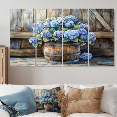 Hydrangées dans un tonneau en bois - Art mural hortensia - Art mural traditionnel sur toile