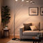 Lampe de table, abat-jour double en tissu gris et blanc, anneaux découpés rétro, 30 po