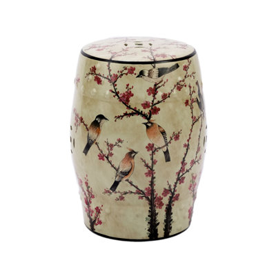 18 in H Beige Famille Rose Garden Stool with Magpie Cherry Motif Porcelain