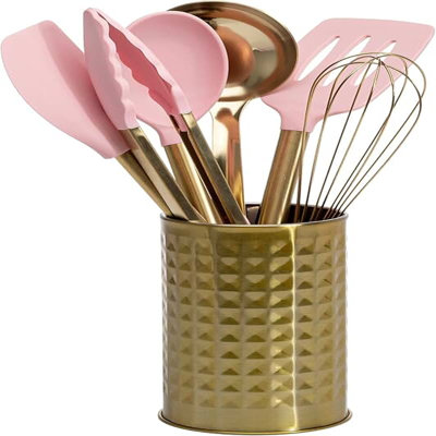 Pink and gold 7-piece kitchen tool set with utensils