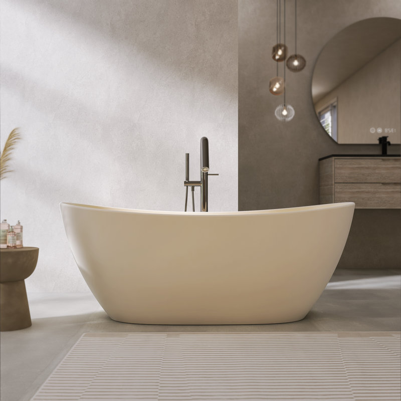 61" / 65" Solid Surface Freestanding Bathtub Double Slipper Deep Soaking Tub with 17.7" Soaking Depth, Overflow and Pop-Up Drain, 4 Colours Option
