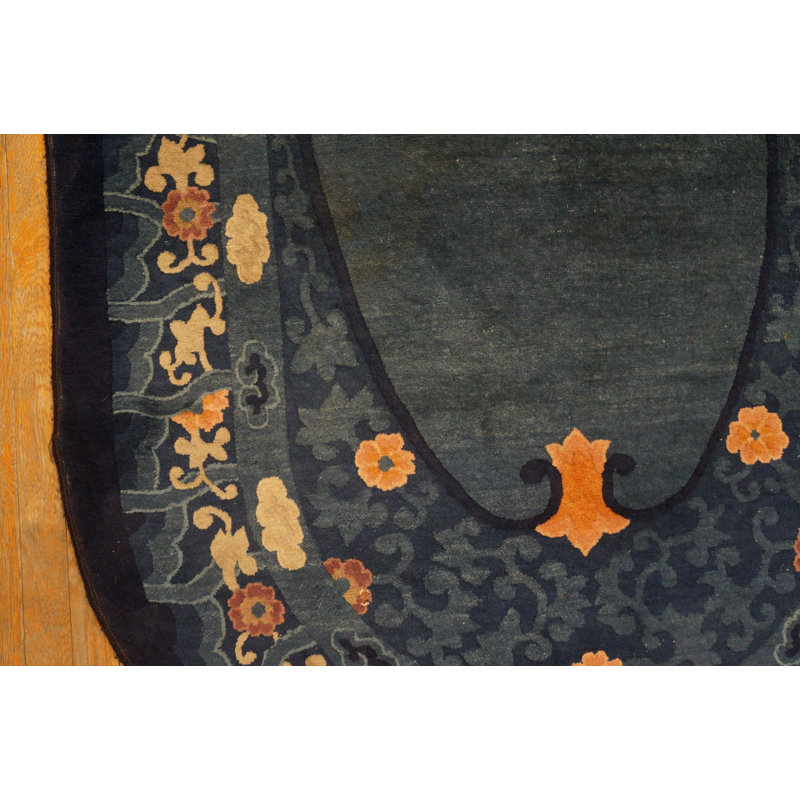 Antique 1920s Hand Knotted Pile Wool Oval Blue Chinese Art Deco Rug