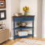 Petite table de coin triangulaire 33,8 po, table de coin en bois pour petits espaces / salon, table de bout à 3 niveaux avec pieds en bois massif, bleu marine et plateau espresso-1526680489