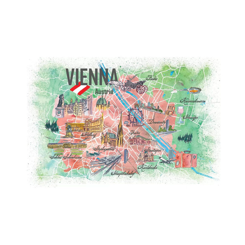 Vienna Illustrated Travel Map With Landmarks And Highlights by Markus & Martina Bleichner - Wrapped Canvas Print