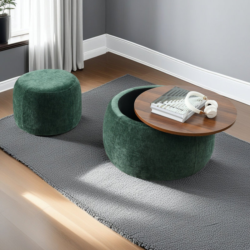 Round Storage Ottoman, 2 In 1 Function, Work As End Table And Ottoman,With Small Seat, Green