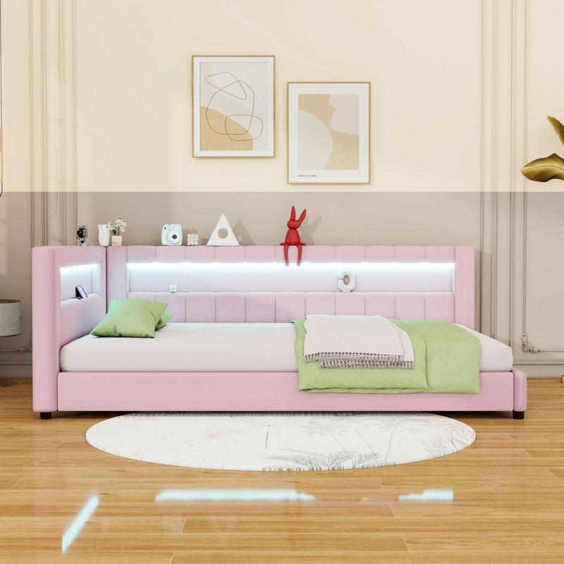 Elegant Upholstered Bed with LED Lighting and USB Charging Ports, Full XL, Pink