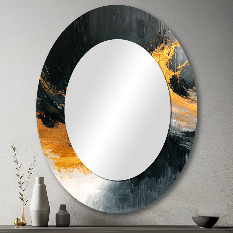 Gold And Black Auroras Edge Shapes I - Abstract Oval Decorative Mirror On Metal, 43" x 33"