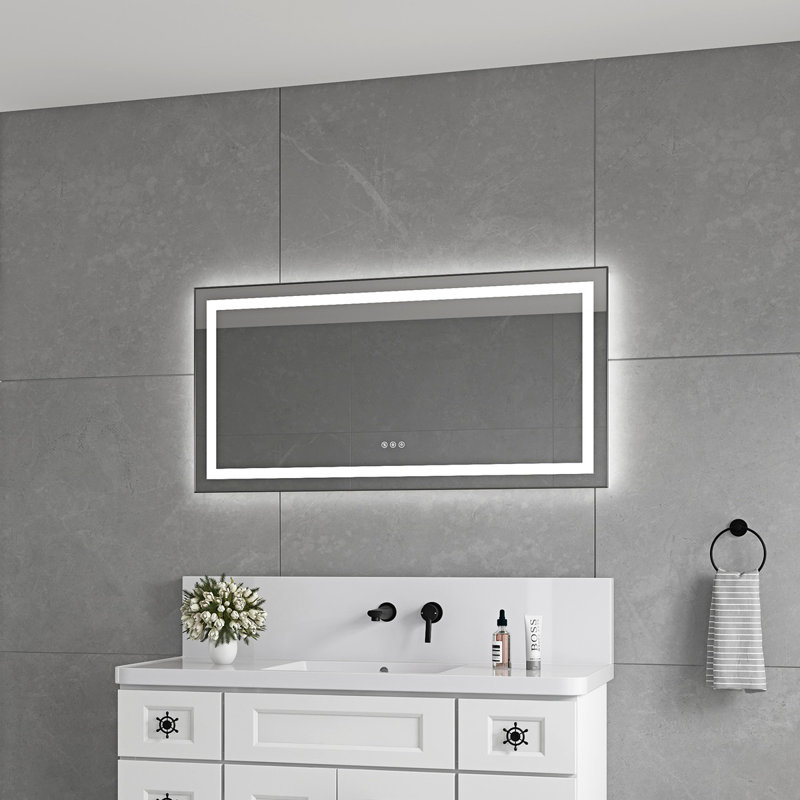 Miroir de salle de bain 48 "x 24" à DEL avec façade et rétroéclairage, miroir de meuble-lavabo mural avec cadre en aluminium, anti-buée, mémoire, 3 couleurs, réglable en continu