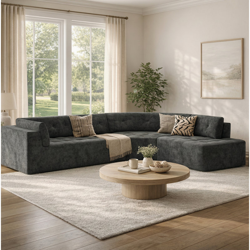 Canapé modulaire courbé contemporain de 119 po avec revêtement capitonné Arcadia Boneless, Gris