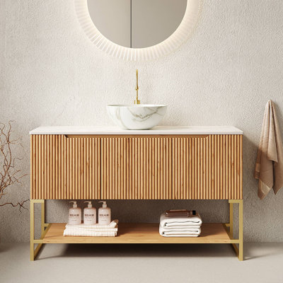 Meuble-lavabo de salle de bain, meuble de rangement autoportant avec 3 portes et tablette ouverte, vasque en céramique avec motif en pierre et comptoir en pierre frittée