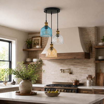 Vintage Style 3-Head Cluster Pendant Light, Ribbed Glass Shades in Blue, Clear & Amber, Antique Brass Holders, Dimmable, E27