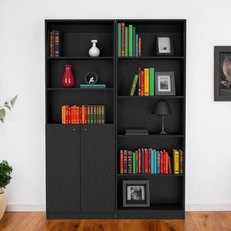 Set of Two 71" Black Five Tier Bookcase With Two Doors, 71.1"H x 24.7"W x 11.7"D