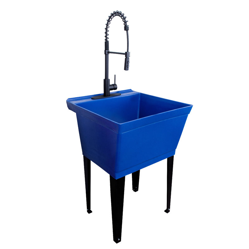 22.875 In. X 23.5 In. 19 Gallon Thermoplastic Utility Sink Set With High-Arc Coil Pull-Down Faucet, Blue, Black