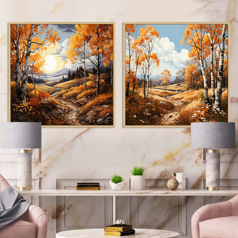 Birch Woods Golden Reflections - Ensemble de 2 boules carrées, Cadre flottant brun, H 30 po x l 61 po