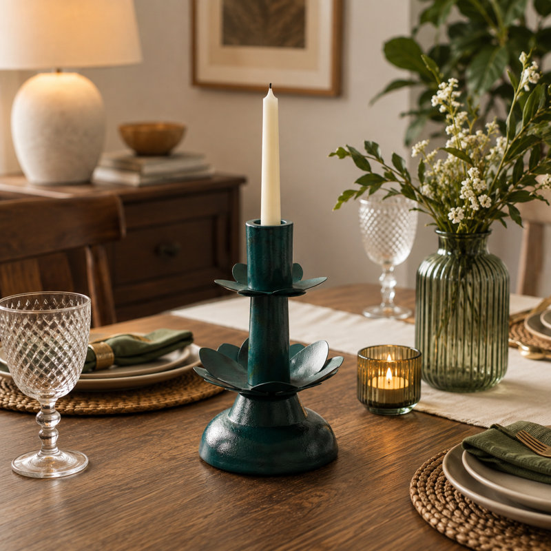 Metal Tabletop Candlestick, Green, 8" H x 5" W x 5" D