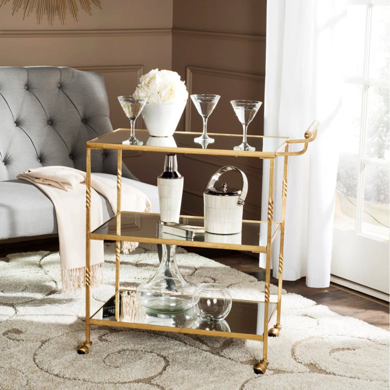 Élégant chariot-bar avec 3 tablettes en miroir, cadre en fer à roulettes H 33,6 po pour la maison, le bar et la cuisine