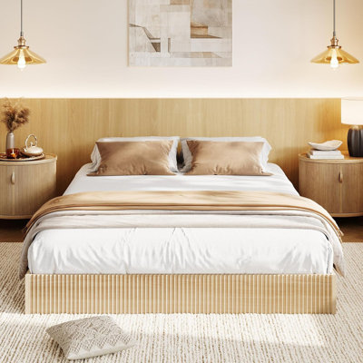 Wood Platform Bed Frame with Fluted Design, Low Profile Minimalist Bed Base, Noise‑Free & No Box Spring