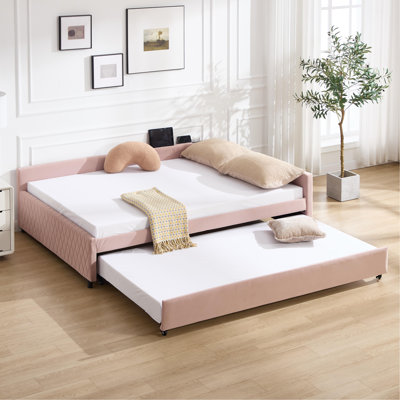 Lit de jour rembourré avec lit gigogne, structure de lit en bois robuste, conception de grille de diamant moderne, pour chambre à coucher, chambre d'amis (rose)