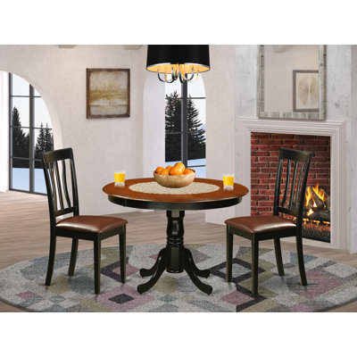 3 Piece Dining Room Furniture Set Contains a Round Dining Table with Pedestal and 2 Faux Leather Chairs, Black & Cherry